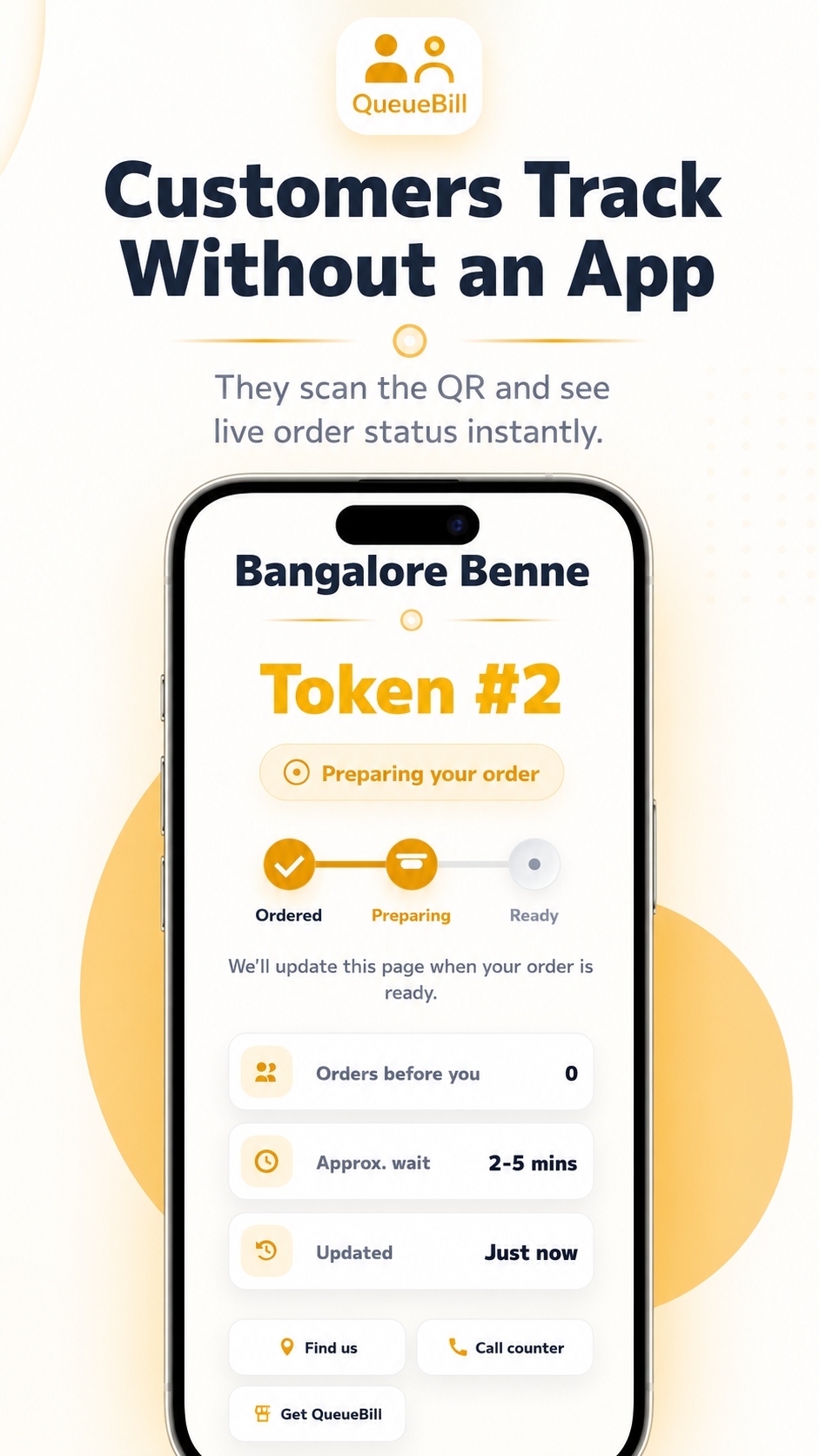 QueueBill customer tracking screen showing token status