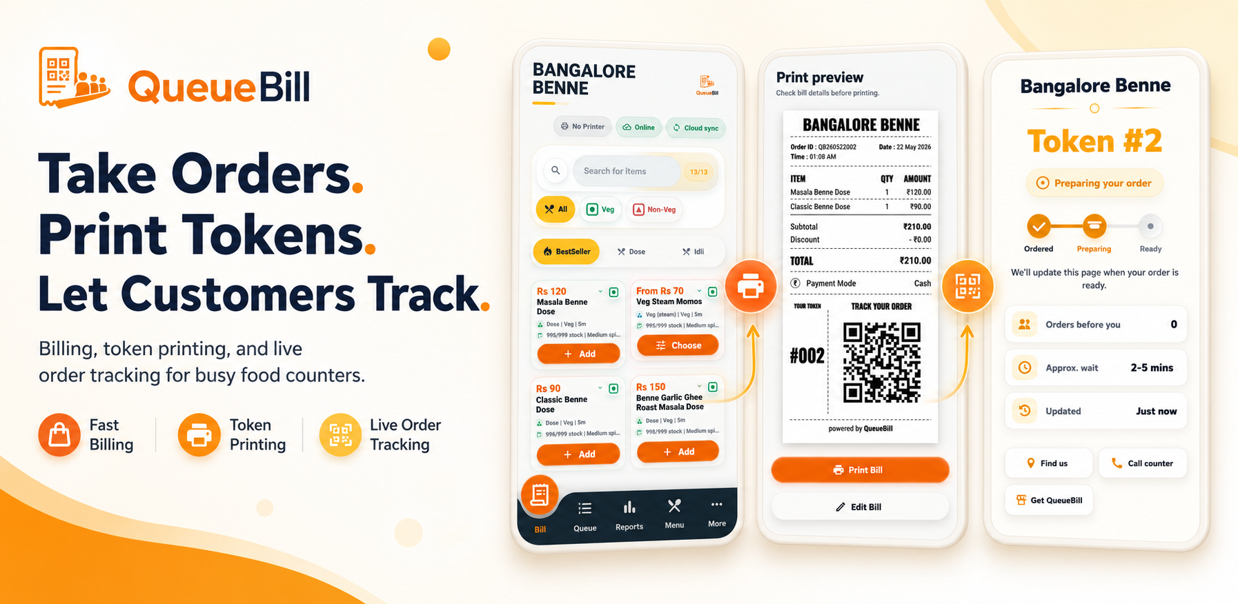 QueueBill app flow showing billing, token printing, and live customer tracking
